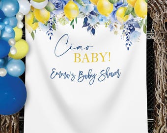 Decoración mediterránea para baby shower: fondo azul floral con limones, temática italiana, decoración unisex para baby shower. ¡Ciao Baby!