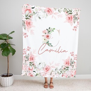 Personalized New Mom Baby Shower Gift  Custom Baby Name Blanket Soft Fleece Monogram Blanket for Baby Girl Pink Floral Baby Nursery Blanket