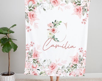Personalized New Mom Baby Shower Gift  Custom Baby Name Blanket Soft Fleece Monogram Blanket for Baby Girl Pink Floral Baby Nursery Blanket