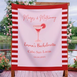 Margs & Matrimony Backdrop Bachelorette Hen Party Banner Bride Bridal Party Decorations Bach weekend trip Photobooth Bridal Shower Decor