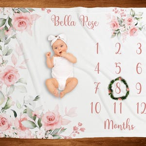 Manta de hito bebé niña manta mensual personalizada nuevo regalo del bebé bebé mes crecimiento manta bebé ducha regalo nueva mamá regalo PF01