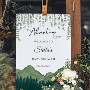 Letrero de bienvenida impreso para baby shower de aventura, cartón pluma con temática de montaña verde, póster de papel "Aventura te espera", letrero de bienvenida con nombre personalizado