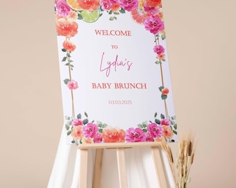 Printed Baby Shower Welcome Sign, Citrus Baby Brunch Foam Board, Custom Hot Pink Orange Floral Baby Shower Decor, Baby Sprinkle Poster