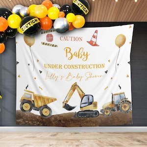 Modern Construction Baby Shower Backdrop Baby Under Construction Banner Excavator Trucks Digger Decor Caution Boy Baby Sprinkle photobooth