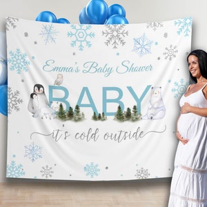 Winter Woodland Baby Shower Decoration, Baby it’s cold outside, Baby Shower Backdrop, Polar Bear, Blue Snowflakes Baby Shower