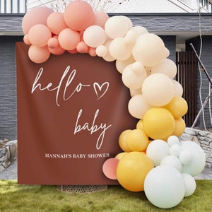 Hello Baby Minimalist Baby Shower Backdrop Gender Neutral Baby Shower Decor Terracotta Baby Shower Banner Hello Baby Shower THB