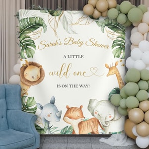 A Little Wild One Baby Shower Backdrop Safari Jungle Baby Shower Banner Greenery Gold Safari Animals Baby Shower Decoration Boy Baby Shower