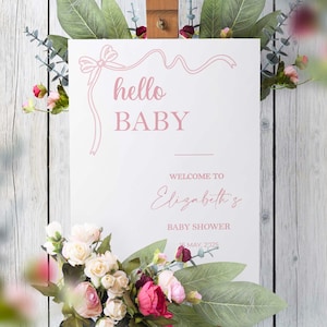 Letrero de bienvenida para baby shower Lazo rosa coqueto Letrero de espuma para la entrada del baby shower Cinta rosada con el mensaje "Hola bebé" Póster minimalista en papel