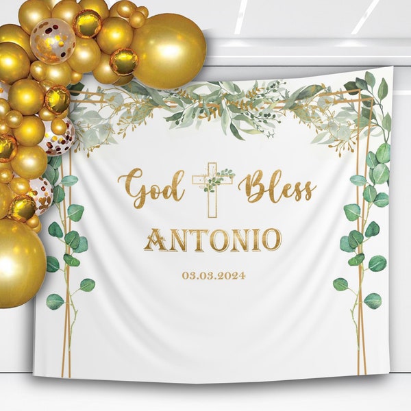 God Bless Backdrop Personalized Baptism Banner Christening Decoration Custom Baptism Prop Greenery Gender Neutral First Holy Communion Decor