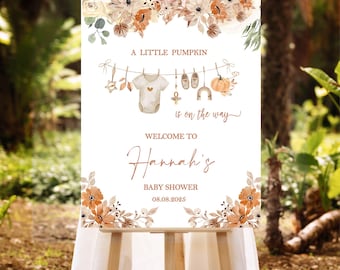 Letrero impreso de calabaza de otoño para baby shower, ropa de bebé, tablero de espuma de bienvenida, pequeña calabaza en camino, póster de género neutro, decoración bohemia para lavandería