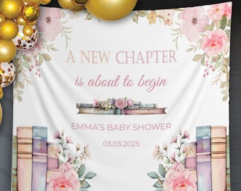 New Chapter Baby Shower Decor Book Themed Baby Sprinkle Backdrop Baby On The Way Banner Blush Floral Storybook Decor Bridal Shower Sign