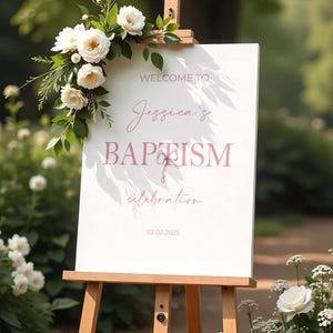 Letrero de bienvenida para bautismo impreso y enviado, tablero de espuma con texto en inglés "Welcome To The Baptism", decoración minimalista para bautizo, papel con lazo rosa suave