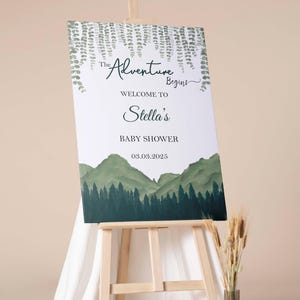 Letrero de bienvenida impreso para baby shower de aventura, cartón pluma con temática de montaña verde, póster de papel "Aventura te espera", letrero de bienvenida con nombre personalizado
