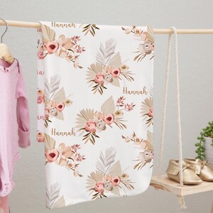 Personalized soft fleece blanket, Custom Boho floral baby name blanket, baby girl personalized shower gift, new mom gift set bfcb