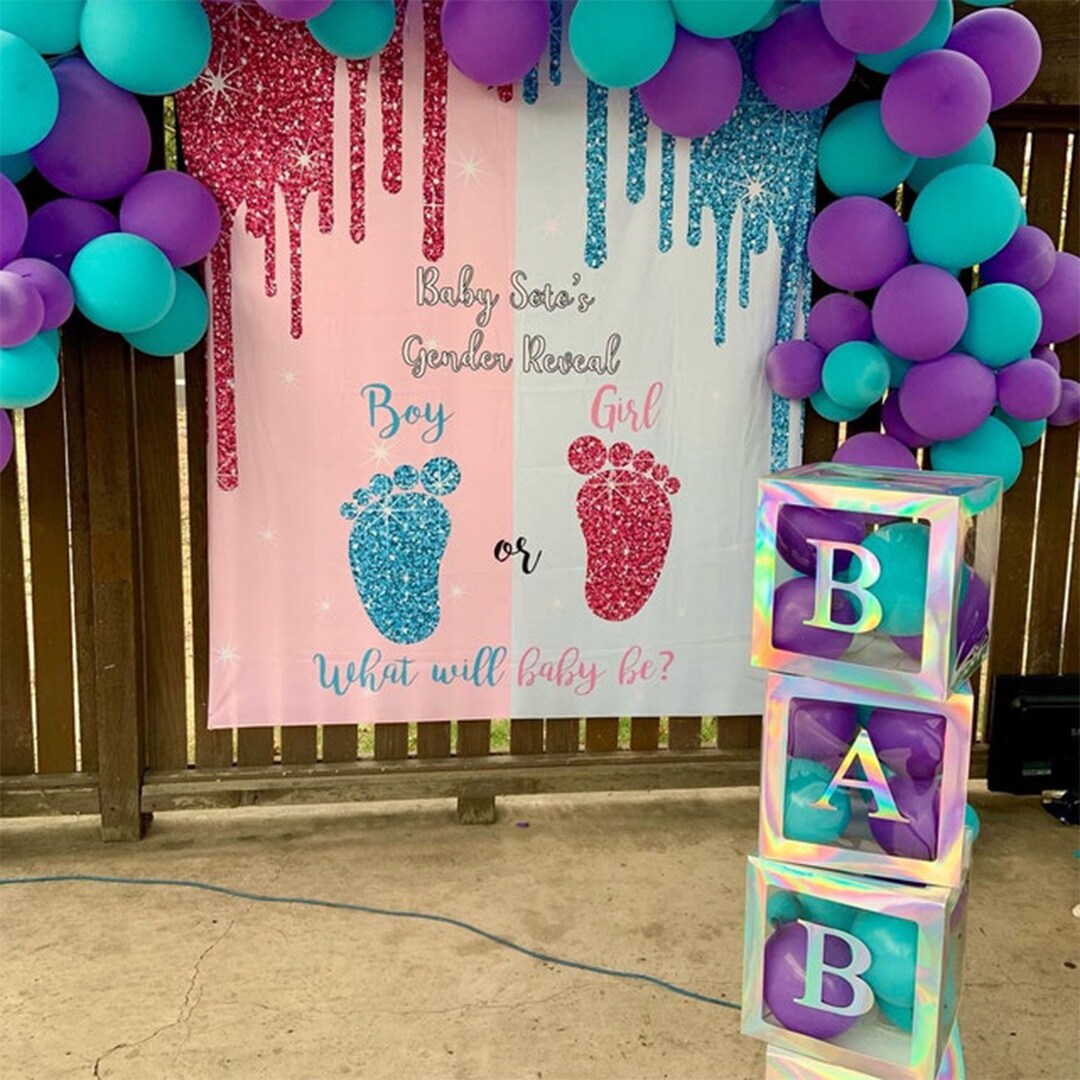 Boy or Girl Gender Reveal Photo Backdrop, Pink or Blue Baby Foot Print ...