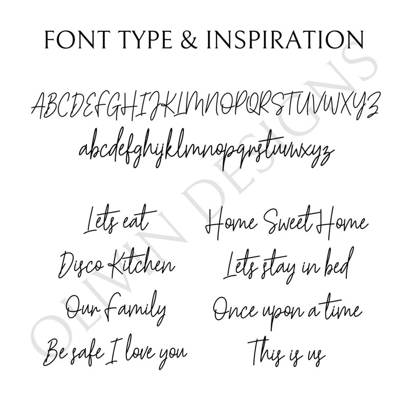 May include: A black and white image showcasing a handwritten font style. The image includes the alphabet in uppercase and lowercase, along with several inspirational phrases such as "Lets eat", "Home Sweet Home", "Disco Kitchen", "Lets stay in bed", "Our family", "Once upon a time", "Be safe I love you", and "This is us".
