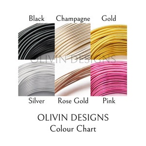 May include: Color chart showing different wire colors for jewelry making. The colors are black, champagne, gold, silver, rose gold, and pink.