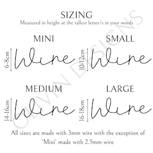 May include: A chart showing the different sizes of wire word art, with the word "hline" written in each size. The sizes are Mini (6-8 cm), Small (10-12 cm), Medium (14-16 cm), and Large (16-18 cm). All sizes are made with 3mm wire, except for Mini, which is made with 2.5mm wire.