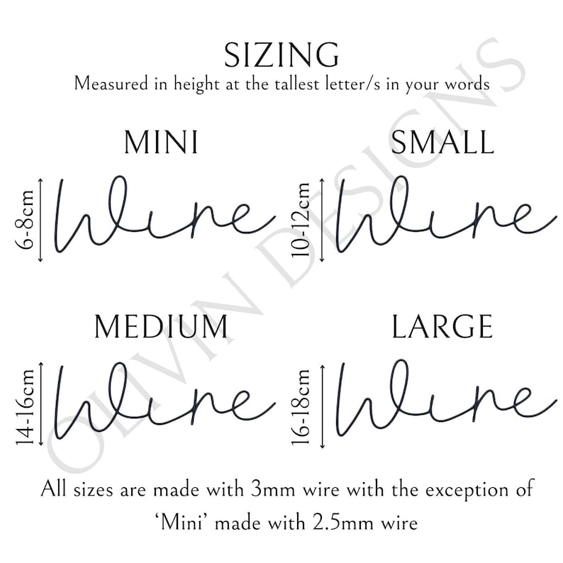 May include: A chart showing the different sizes of wire word art, with the word "hline" written in each size. The sizes are Mini (6-8 cm), Small (10-12 cm), Medium (14-16 cm), and Large (16-18 cm). All sizes are made with 3mm wire, except for Mini, which is made with 2.5mm wire.