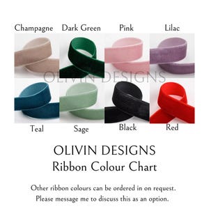 May include: Ribbon color chart with samples of different colors including champagne, dark green, pink, lilac, teal, sage, black, and red. The chart is titled "OLIVIN DESIGNS Ribbon Colour Chart".