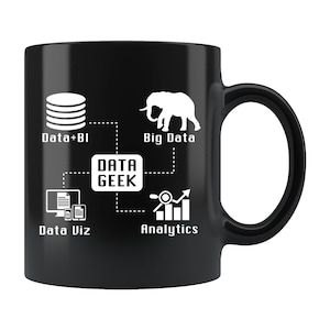 May include: Black coffee mug with a white graphic of a data flow chart. The chart includes the terms "Data+BI", "Big Data", "Data Geek", "Data Viz", and "Analytics".