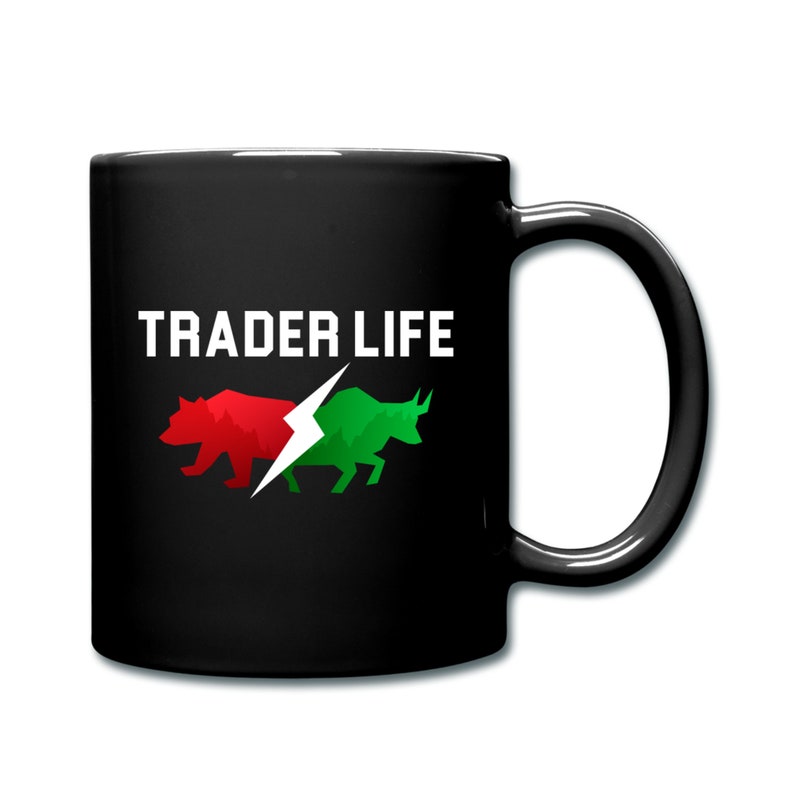 May include: Black ceramic mug with a white "TRADER LIFE" text and a graphic of a red bear and a green bull with a lightning bolt between them.