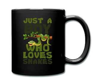 May include: Black coffee mug with a green snake wrapped around a branch and the text "Just a Boy Who Loves Snakes".