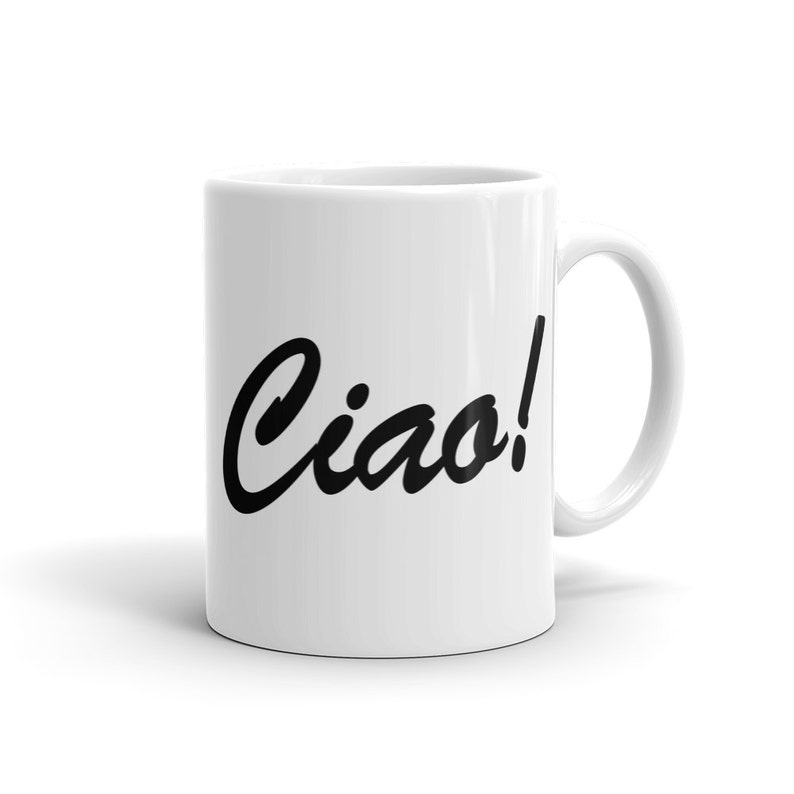 May include: White ceramic mug with a black cursive inscription that reads "Ciao!"