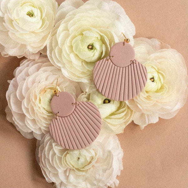 CORA in Dusty Rose // Polymer clay drop earring, statement earring, blush pink shell fan earrings, gifts for her