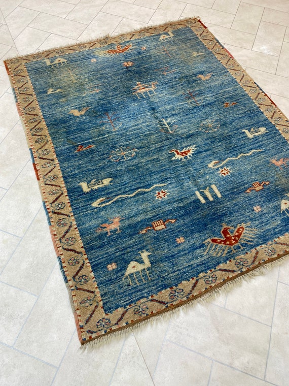 Wool Rug, Handmade Rug, Vintage Persian Rug, Persian blue rug, Hand knotted, ( 4.5 Ft x 5.4 Ft )
