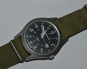 Brookstone 92323-223 Field Watch Quartz Date 34mm Circa 1990s 24 Hours Military French Movement Tested Works Fine