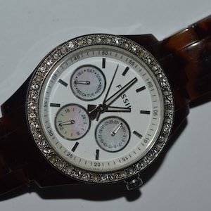 FOSSIL ES2456 orologio al quarzo 37 mm giorno data 24 ore quadrante interno lunetta gioiello testato funziona bene