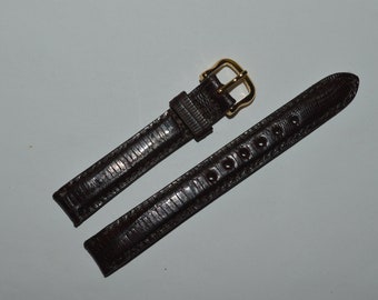Bracelet De Montre Cuir Grain Lézard Véritable 19 Mm – Marron Avec Boucle Dorée – Neuf Ancien Stock