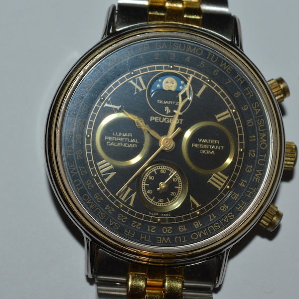 Peugeot Lunar Perpetual Calendar Watch Quartz 36mm Moon Phase Day & Date Tested Works Fine