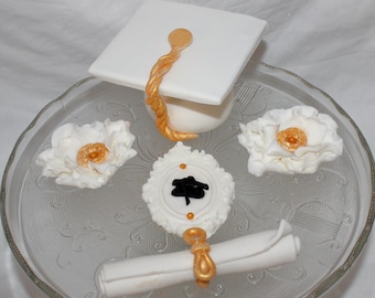 Fondant Graduation Cap Cake Topper, Grad Hat, Diploma Scroll, Commencement