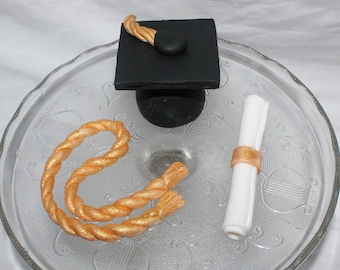 Fondant Graduation Cap Cake Topper, Grad Hat, Diploma Scroll, Commencement