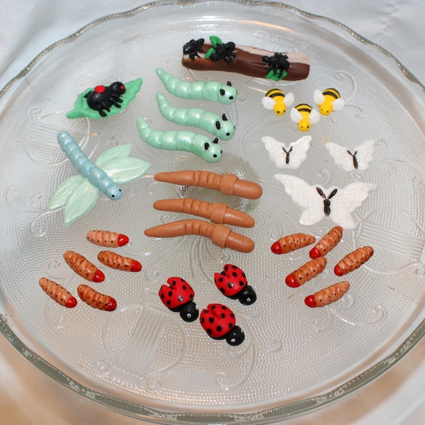Fondant Insect Cake Toppers, Ladybug Topper, Insect Birthday, Earthworm, Dragonfly, Caterpillar, Bug Theme