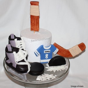 Fondant Hockey Cake Topper - Hockey Topper - Fondant Hockey Puck - Fondant Hockey Stick - Hockey Theme - Sports Theme - Hockey Birthday