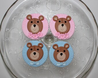 Fondant Teddy Bear Cupcake Topper, Bear Birthday, Woodland Animal Baby Shower, Gender Reveal Cupcakes