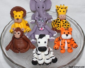 Fondant Safari Animal Cake Topper, Jungle Baby Shower, Zoo Animal Birthday, Elephant, Tiger, Giraffe