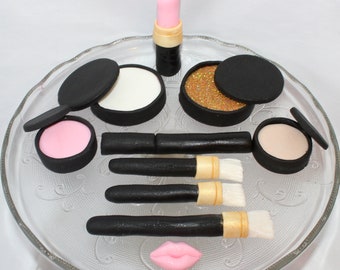 Fondant Makeup Cake Topper - Fondant Cosmetics - Fondant Lipstick - Cosmetic Cake Set - Fondant Makeup Bag - Cosmetic Theme - Bridal Shower