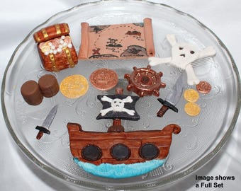 Fondant Pirate Ship Cake Topper, Pirate Birthday, Skull & Bones, Jolly Roger Flag, Treasure Map