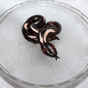 May include: A black and white snake figurine with a white stripe down its back, sitting on a clear glass plate with a decorative pattern.