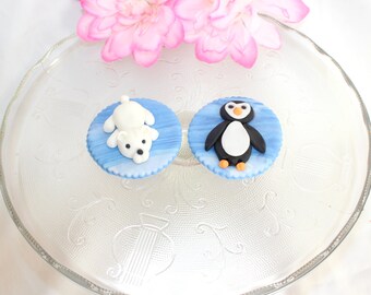 Fondant Polar Bear Cupcake Topper - Polar Bear Topper - Fondant Penguin - Penguin Cupcake Topper - Arctic Animal Topper - Polar Bear Cake