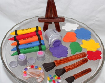 Fondant Artist Cake Topper -  Fondant Paint Palette - Fondant Easel - Fondant Paintbrush - Fondant Crayon - Art Cake Topper - Art Graduation
