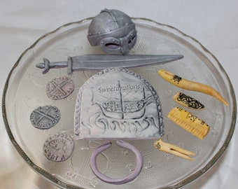 Fondant Viking Helmet and Sword Cake Topper, Hand-Sculpted Viking, Medieval Birthday, Norse, History Graduation