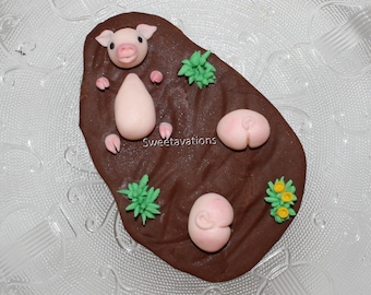 Fondant Pig Cake Topper - Pig in the Mud Topper - Fondant Pig - Farm Animal Topper - Pig Pen Cake - Farm Baby Shower - Farm Birthday