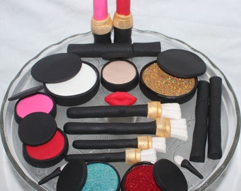 Fondant Makeup Cake Topper - Fondant Cosmetics - Fondant Lipstick - Cosmetic Cake Set - Fondant Makeup Bag - Cosmetic Theme - Bridal Shower