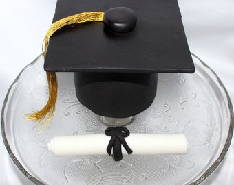 Fondant Graduation Cap Cake Topper, Grad Hat, Diploma Scroll, Commencement