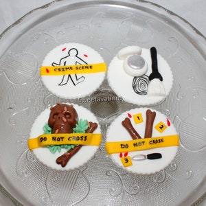 Fondant Crime Scene Cupcake Topper - Crime Theme Party - Crime Topper - Crime Scene Cake - Chalk Outline - Fondant Bones - Criminal Theme
